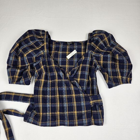Madewell Sweetheart Wrap Top Plaid Tartan Puff Sleeve Blouse Cotton NG875 XS NWT - Picture 15 of 16